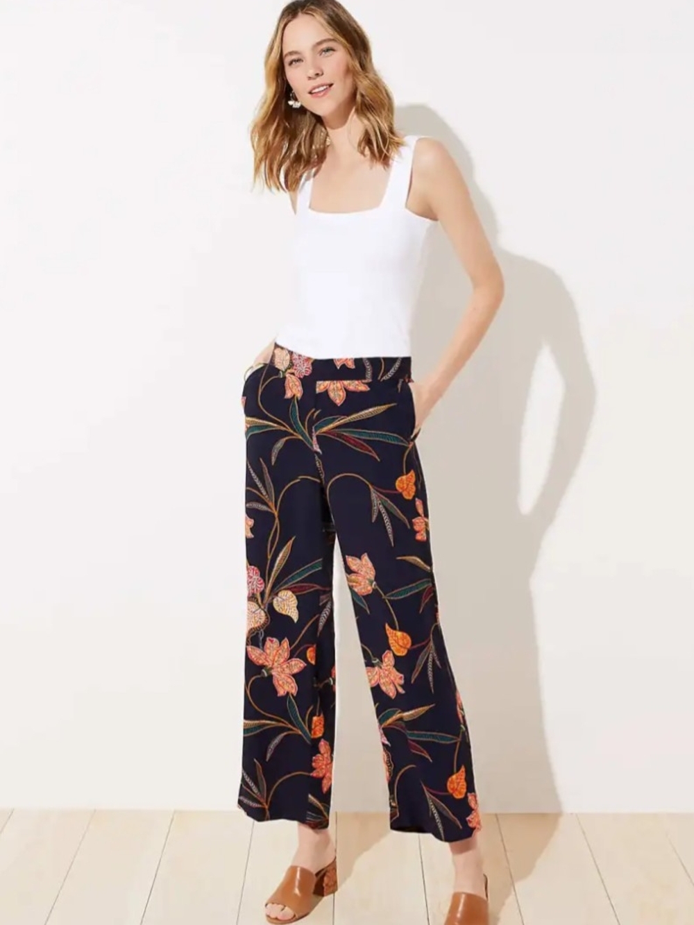 LOFT Navy Wide-Leg Floral Crop Pants